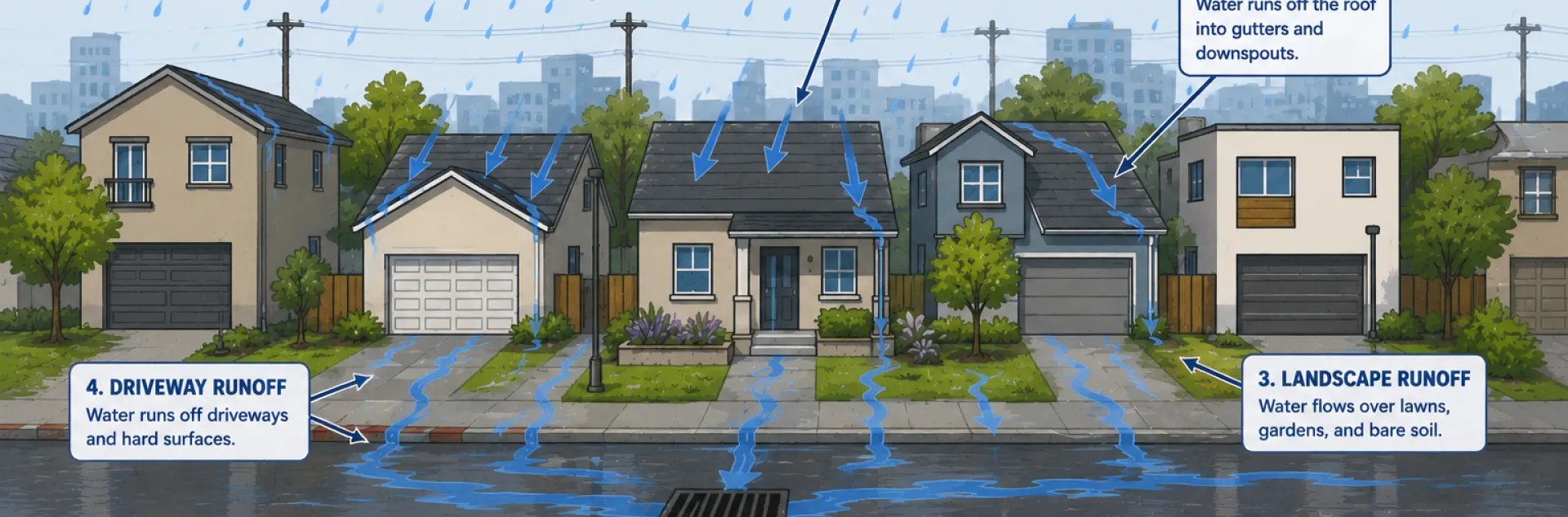 Image of California neighborhood showing rain falling and where the rainwater goes
