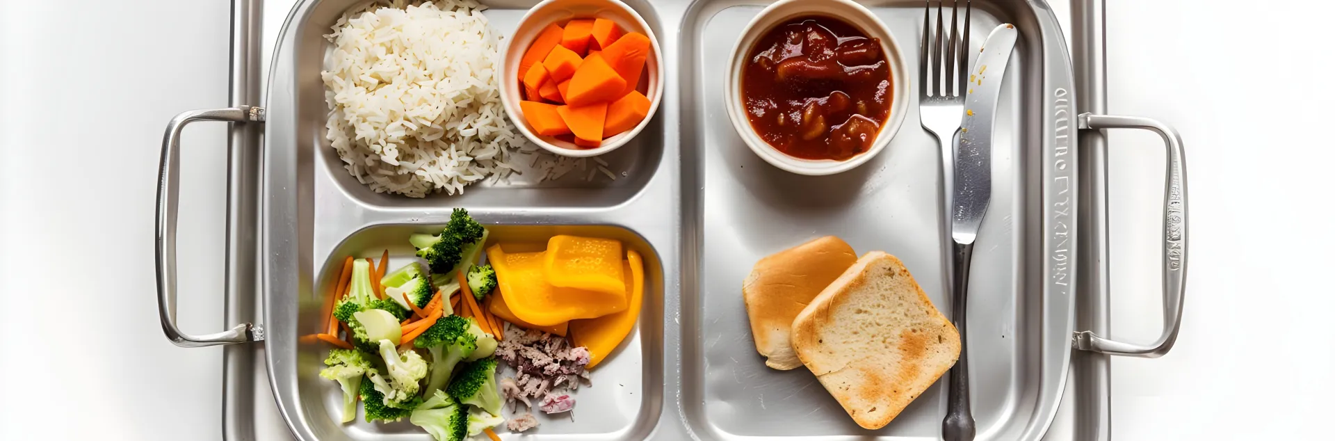 metal lunch tray filled with a variety of food