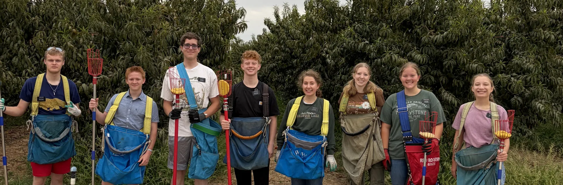 Eight people wearing fruit picking bags and holding harvest tools pose beside orchard.