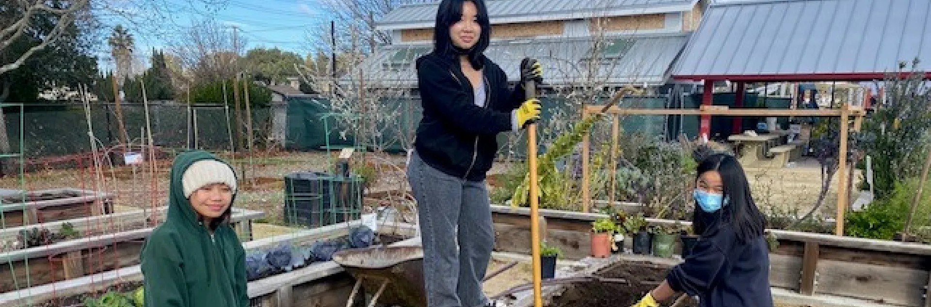3 volunteers cleaning up a garden bed for fall planting