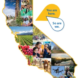 Outline of the state of California filled with various photos of UC ANR activities.