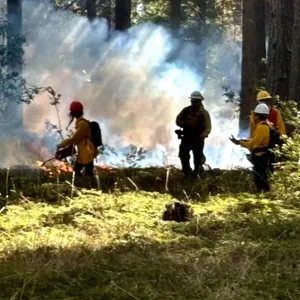 Firefighters working smoke and flames in background