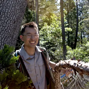 A headshot of Forest Advisor, Ricky Satomi. He is standing in the middle of a forest.