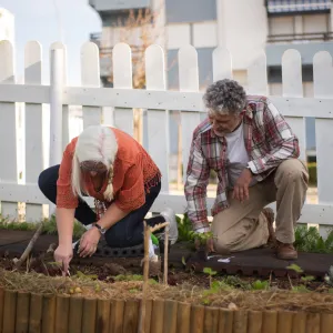 elderly woman and man gardening in an urban setting