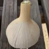 A bulging garlic bulb (Chesnok Red) with a smooth, pale exterior and a slender beige stem, resting on a wooden surface.
