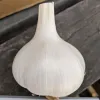 Close-up of a white garlic bulb on a wooden surface.