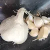 A whole bulb of garlic sits next to several individual garlic cloves on a dark surface.