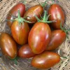 A woven basket filled with elongated, glossy tomatoes ranging from deep red to orange-brown.