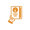 Orange icon of a book with an "i" on it- symbolizing information for volunteers. 