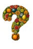 Question mark comprised of a collage of fruit