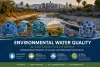 Urban river flowing through Southern California with a city skyline in the background, with circular overlays illustrating water quality topics such as emerging contaminants, monitoring, biological concerns, agricultural and urban interactions, stormwater runoff, and nanomaterials.